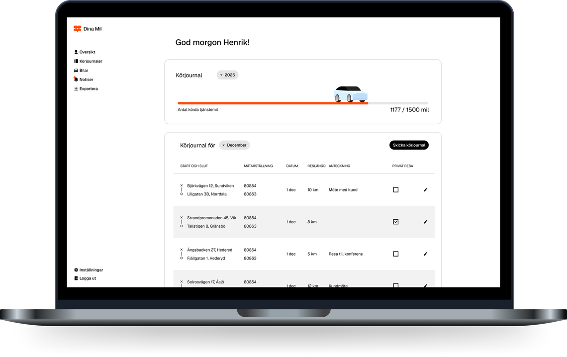 Bild på en bärbar dator som visar hur en körjournal ser ut i verktyget.